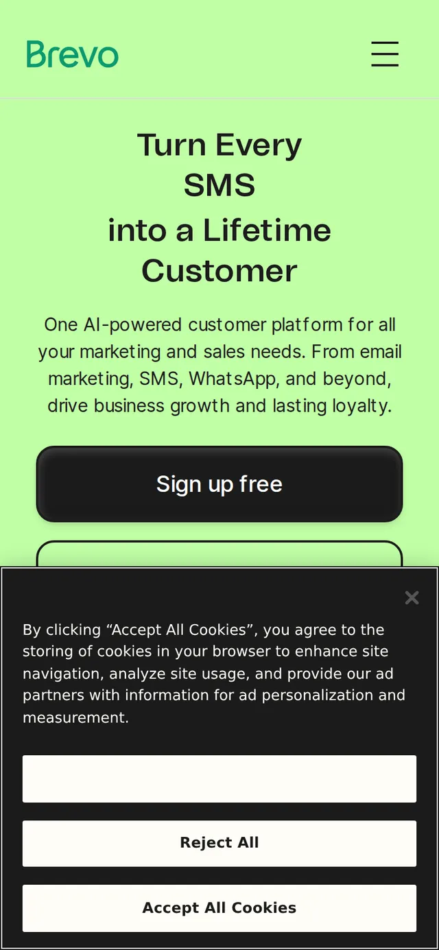 The Brevo homepage at 390 pixels wide