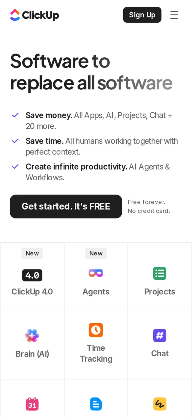 ClickUp's homepage at 390 pixels wide, showing the mobile marketing layout
