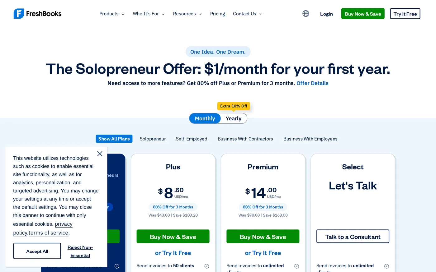 FreshBooks' pricing page showing the Lite, Plus, Premium and Select plans