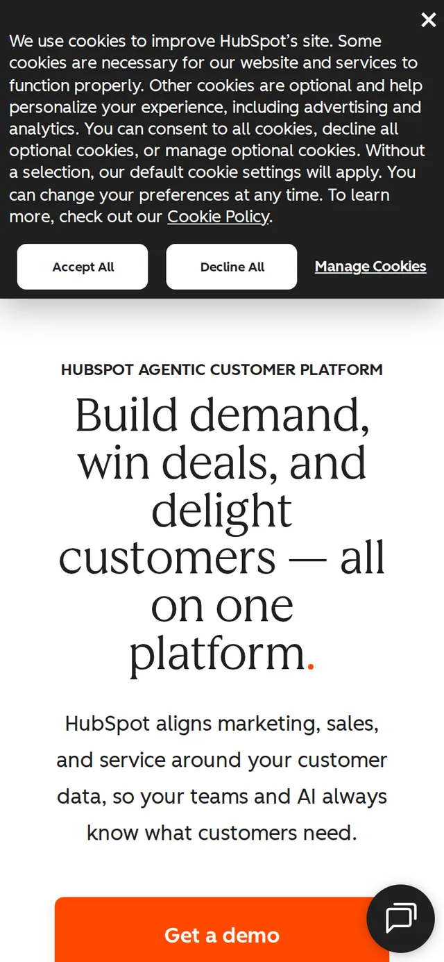 HubSpot's homepage at 390 pixels wide showing the mobile layout
