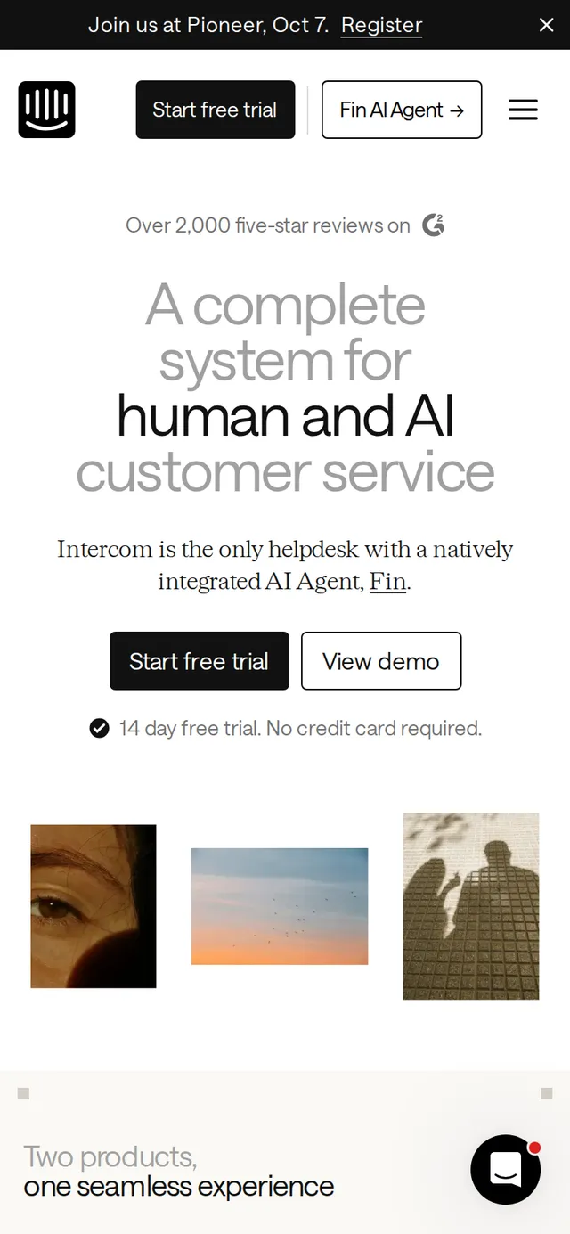 The Intercom homepage at 390 pixels wide