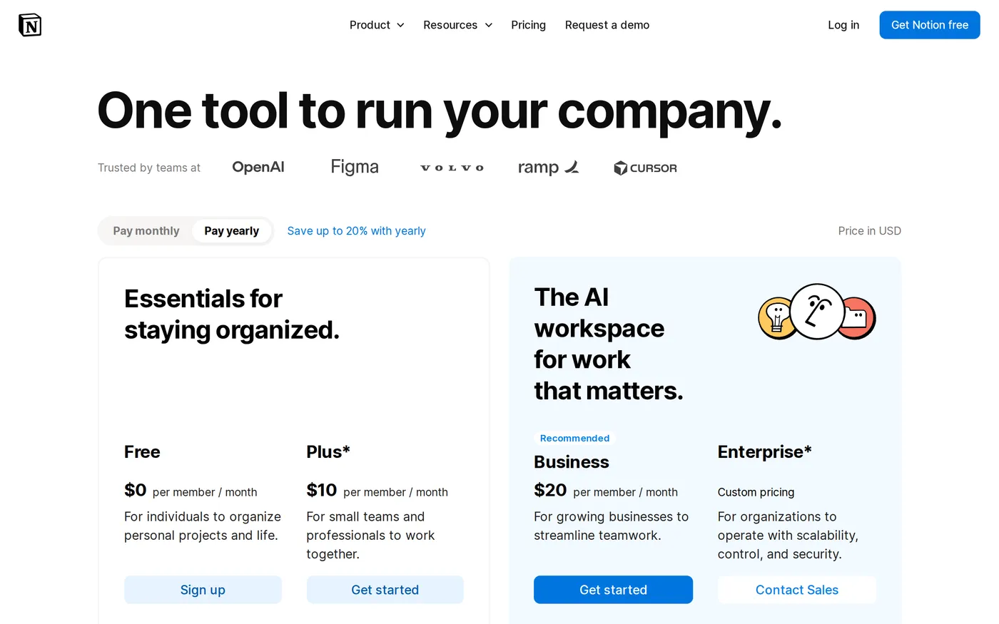 Notion's pricing page showing the Free, Plus, Business and Enterprise plans