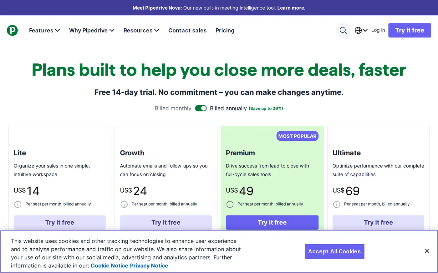 Pipedrive's pricing page showing the Lite, Growth, Premium and Ultimate tiers with per-seat prices