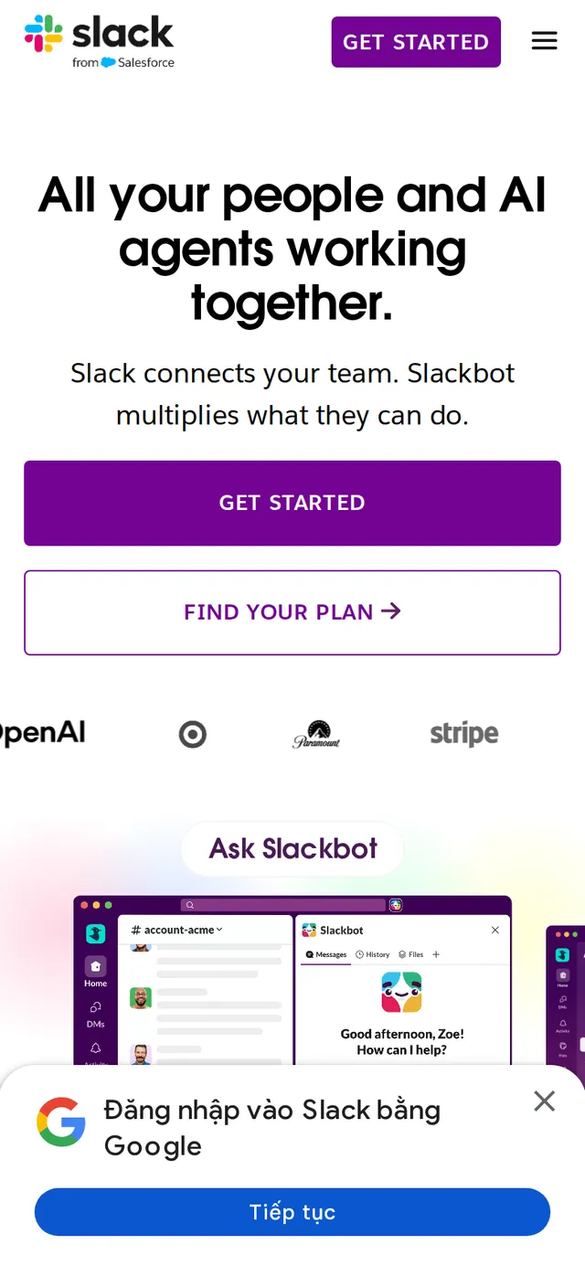 The Slack homepage at 390 pixels wide