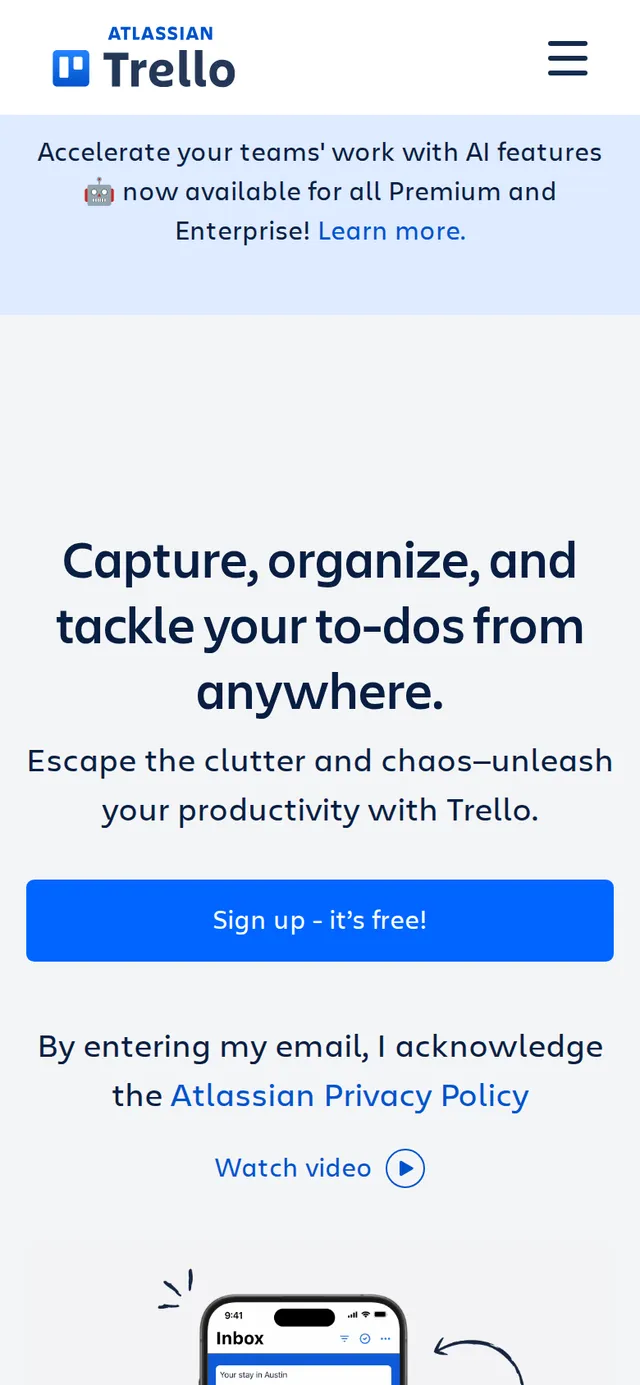 Trello's homepage at 390 pixels wide showing the mobile layout