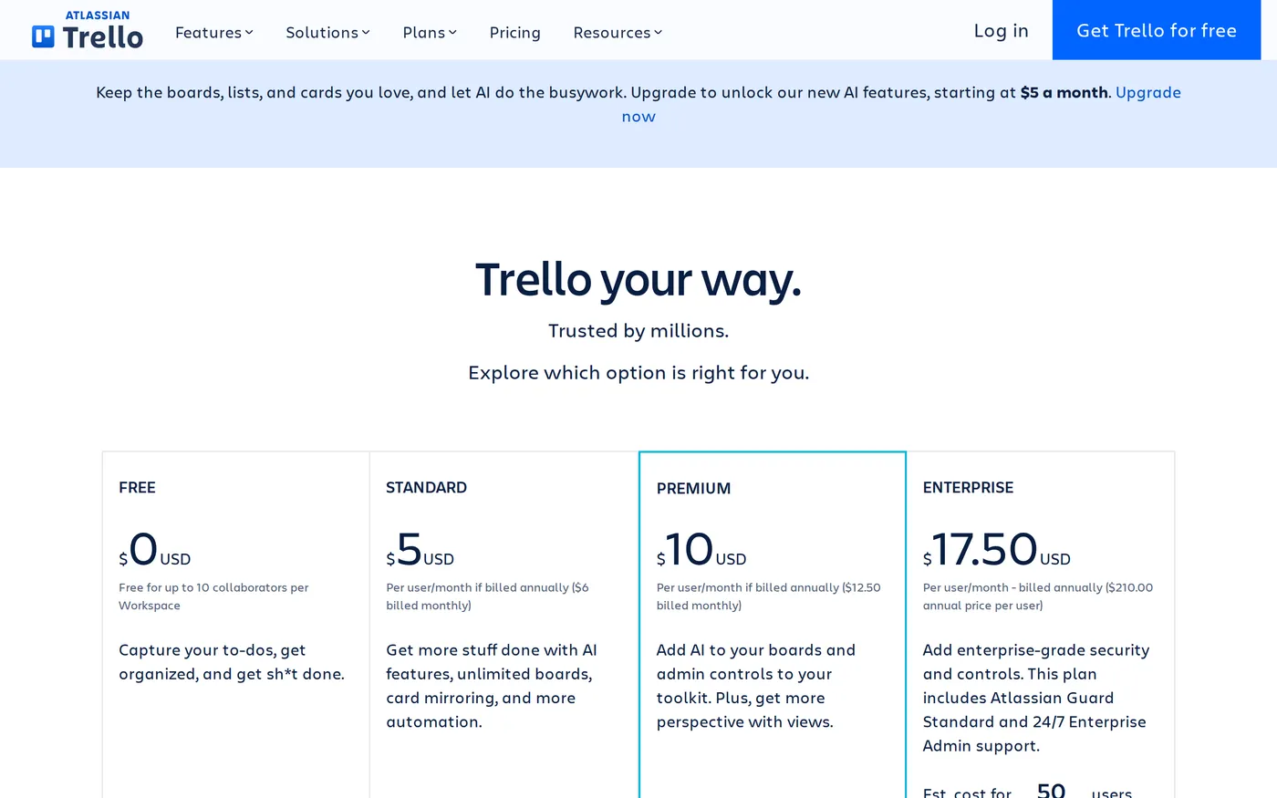 Trello's pricing page showing Free, Standard, Premium and Enterprise columns with per-user prices