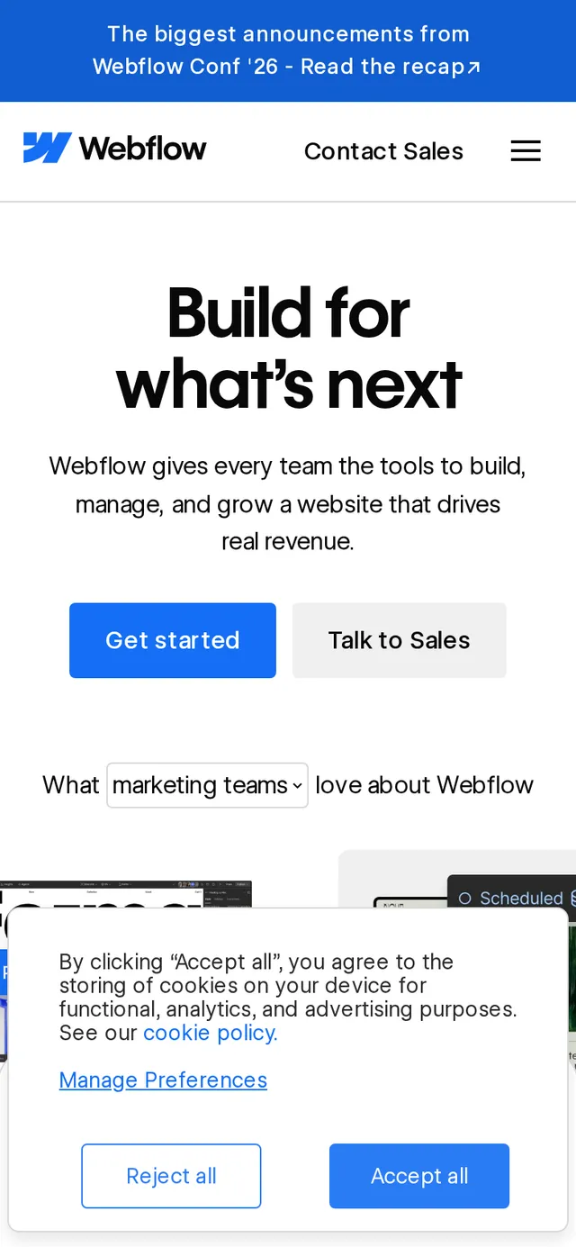 The Webflow homepage at 390 pixels wide