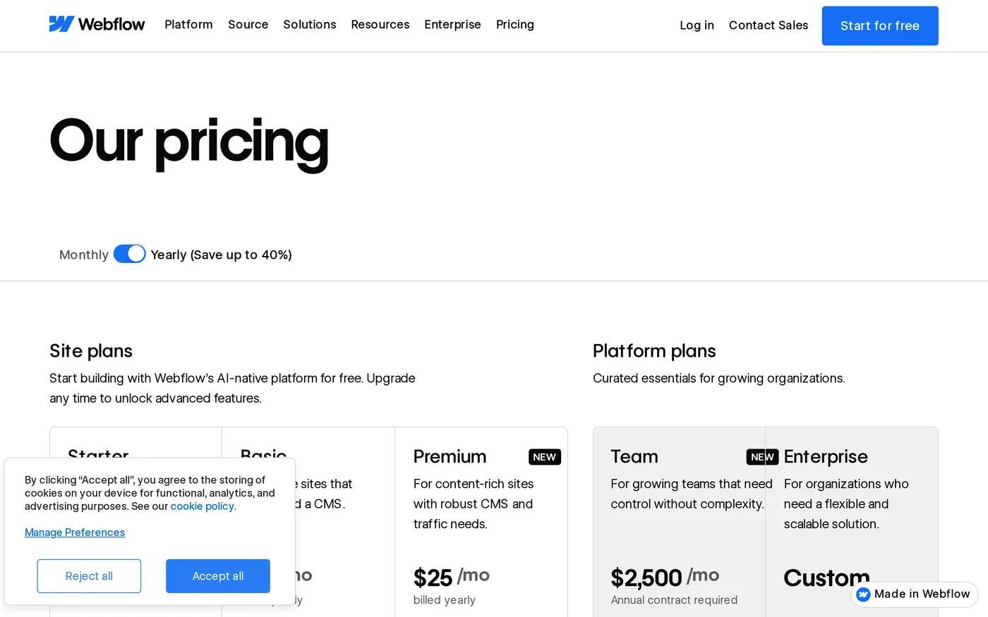 Webflow's pricing page showing site plans and workspace plans as separate sections