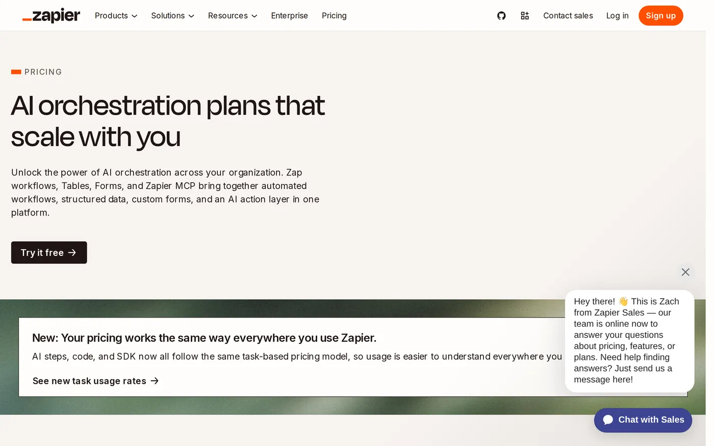 Zapier's pricing page showing the Free, Professional, Team and Enterprise plans with the task volume selector
