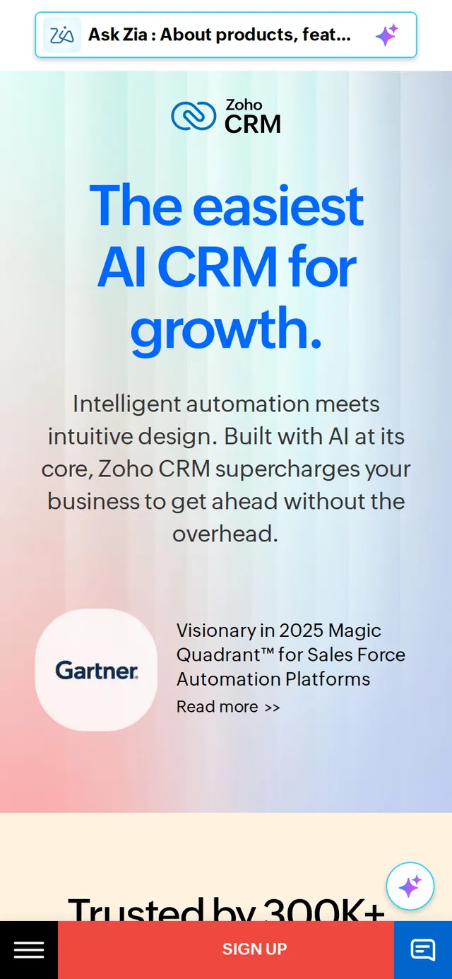 The Zoho CRM homepage at 390 pixels wide