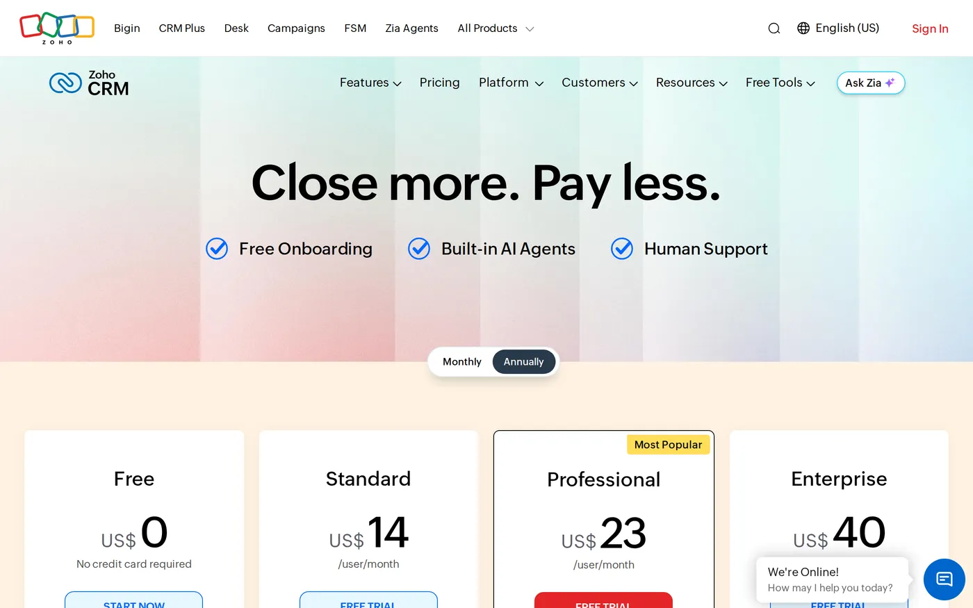 Zoho CRM's pricing page showing the Standard, Professional, Enterprise and Ultimate editions